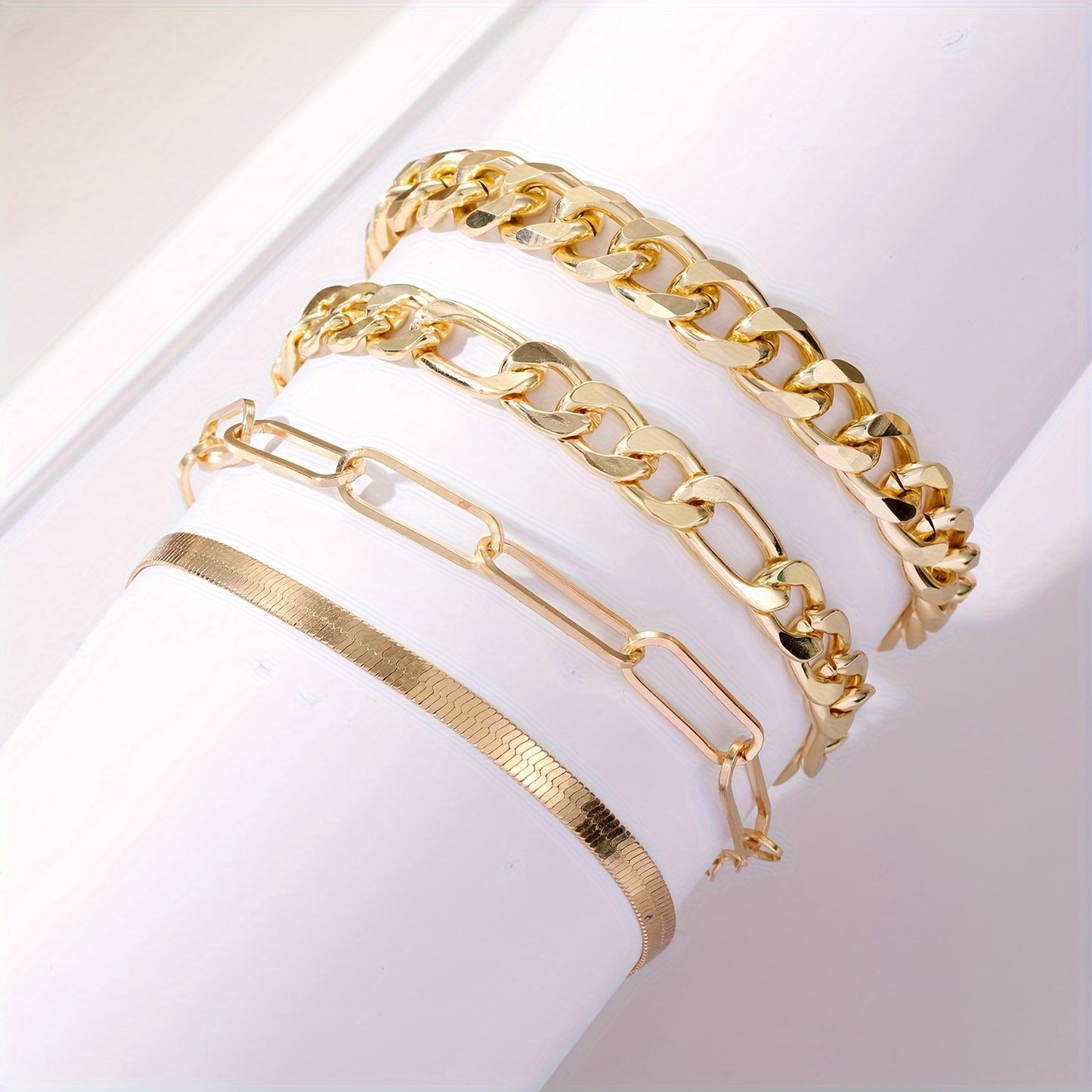 4pcs/set Vintage Simple Cuban Chain Bracelet Golden Classic Snake Chain Bracelet Women's Jewelry