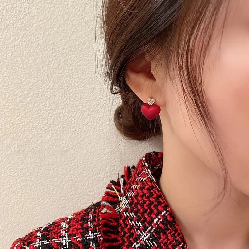 Red Love Heart Earrings with Sparkling Rhinestone Heart Earrings