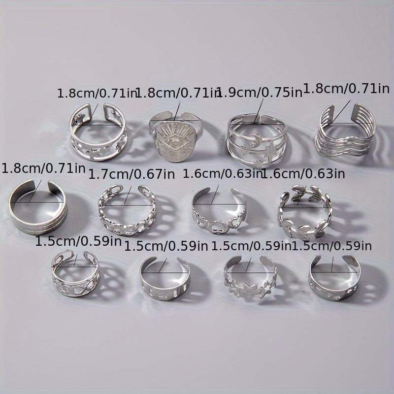 12pcs/set Monochrome Rings Personalized Creative Leaf Love Heart Moon Star Finger Rings