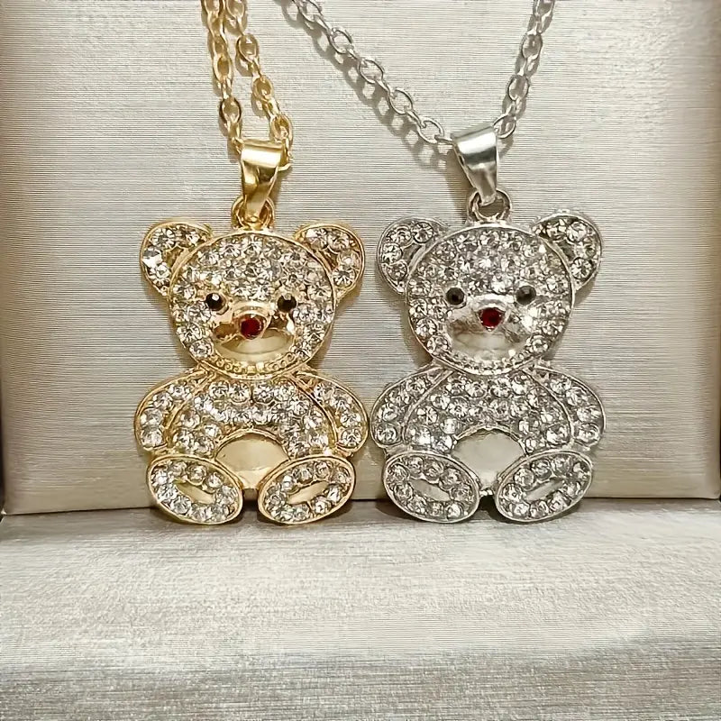 Shining Cubic Zirconia Decor Bear Necklace Cartoon Animal Bear Pendant Cute Girl Animal Accessories, Ideal choice for Gifts
