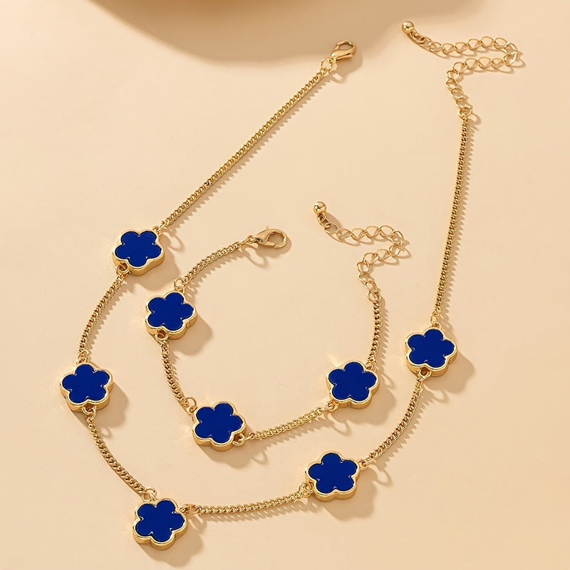Blue Necklace + Bracelet Chic Jewelry Set Trendy Lucky Flower Design