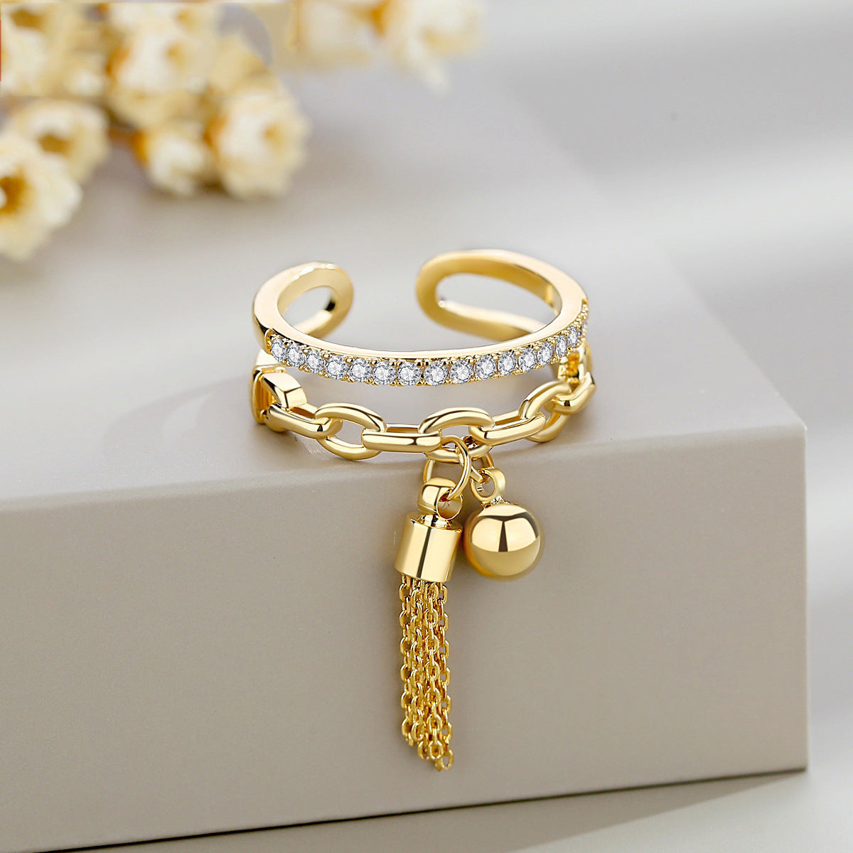Bohemian Tassel Geometric Open Ring, Vintage Style Adjustable Finger Jewelry, Chinese-Inspired Sash Ball Dangle Ring For Women
