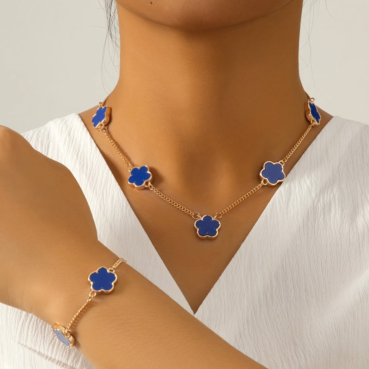 Blue Necklace + Bracelet Chic Jewelry Set Trendy Lucky Flower Design