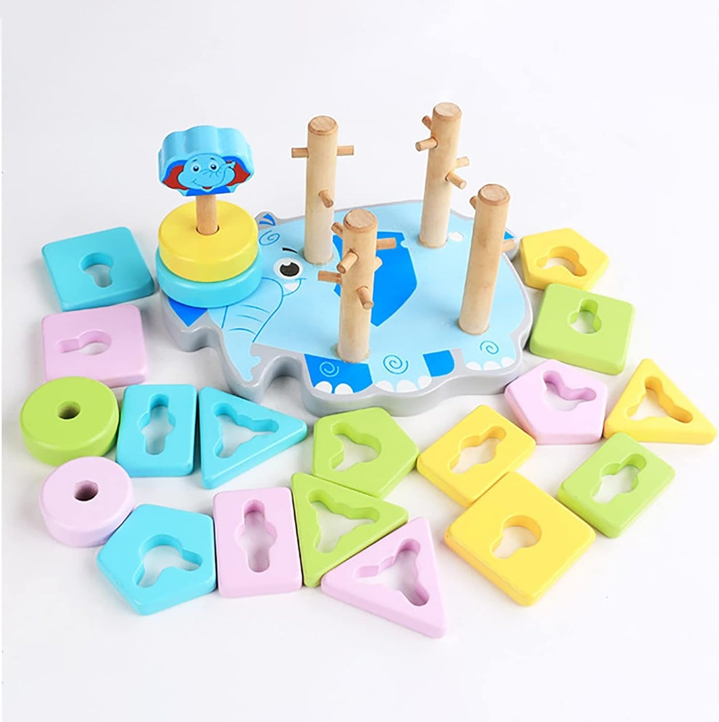 Wooden Five Sets Of Columns Two In One Cartoon Elephant Shaped Sets Of Columns Wooden Early Education Educational Toys Kids for Girls (Sky Blue, One Size)