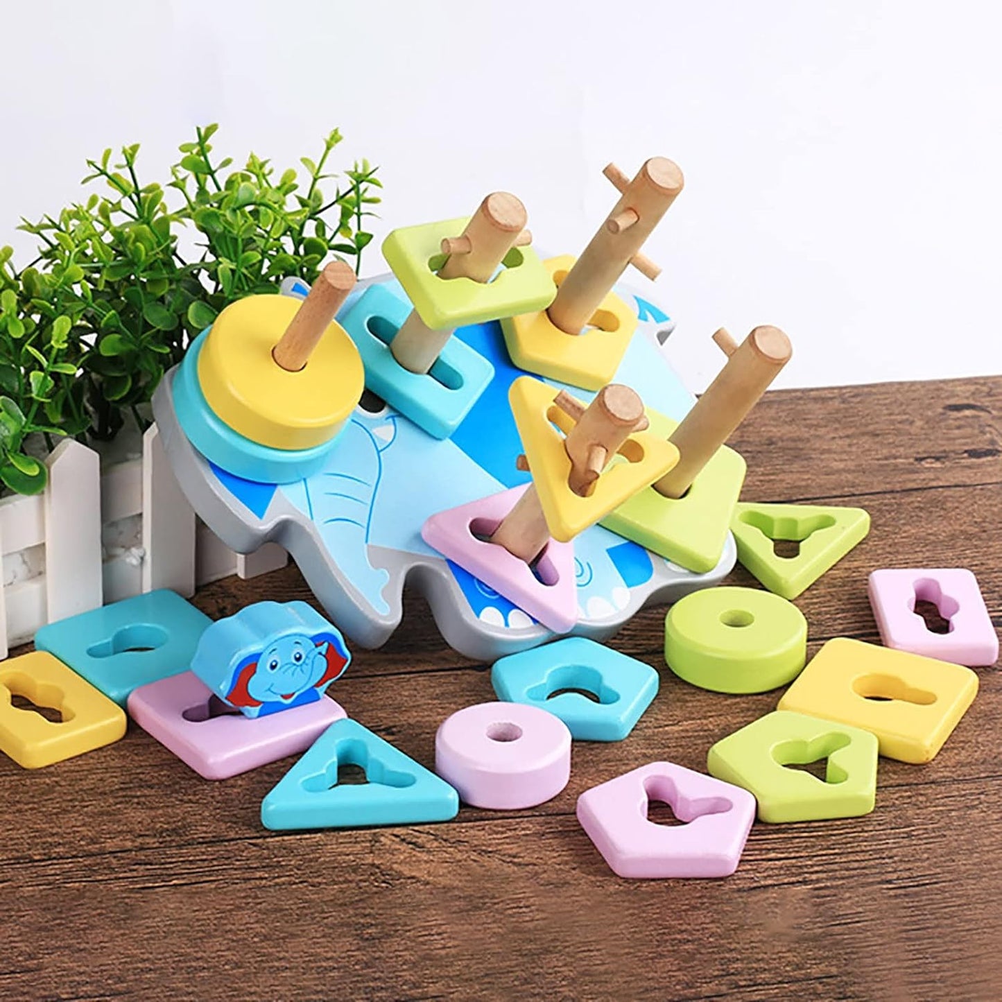 Wooden Five Sets Of Columns Two In One Cartoon Elephant Shaped Sets Of Columns Wooden Early Education Educational Toys Kids for Girls (Sky Blue, One Size)