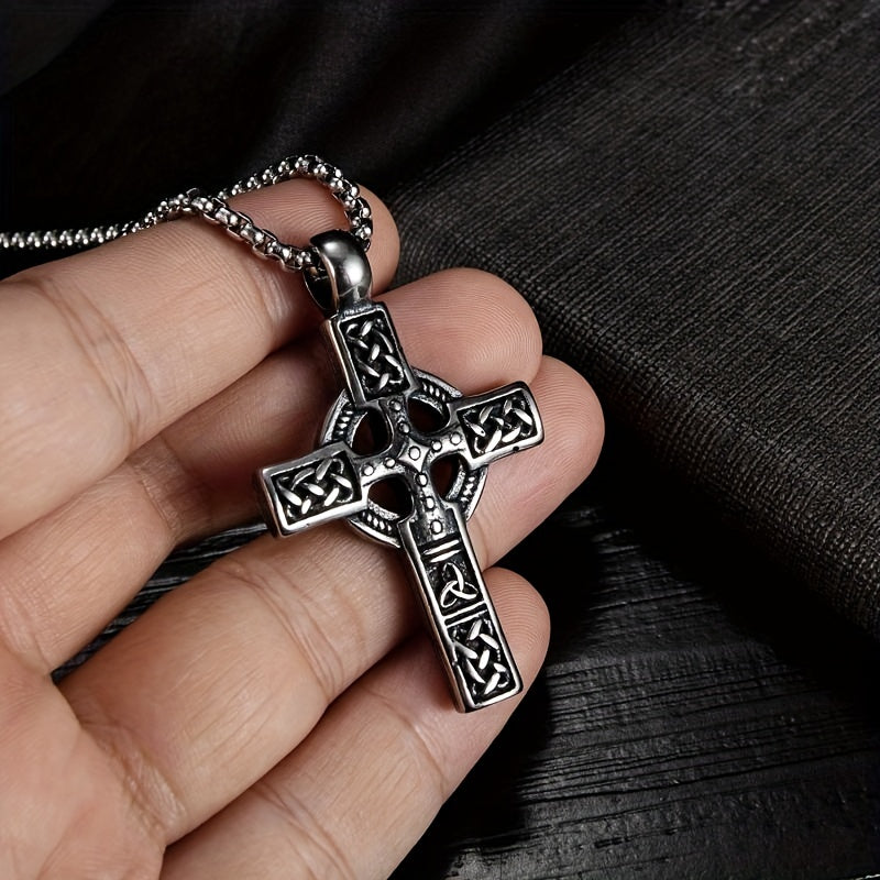 1pc Men's Vintage Viking Celtic Knot Stripe Cross Pendant Necklace