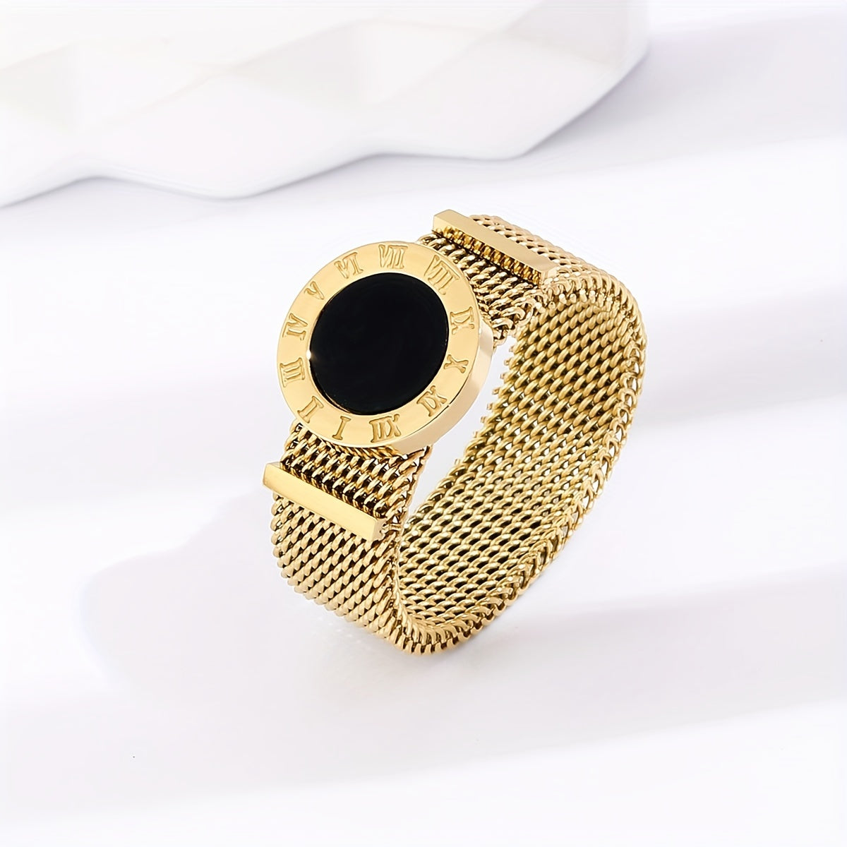 Plated Roman Numerals Black Shell Strap Ring For Women Girls Daily Wear
