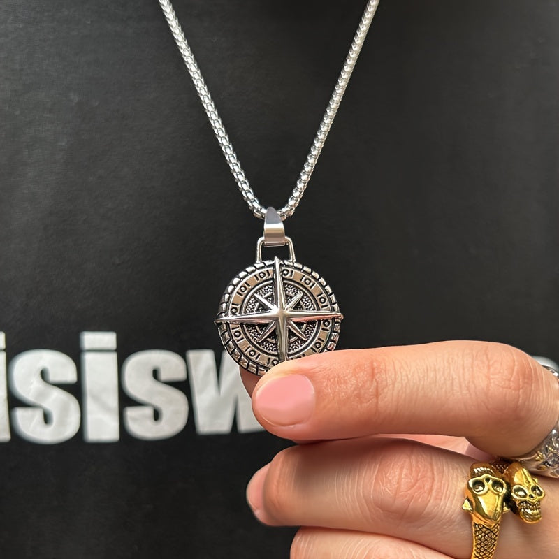 Trendy Retro Compass Necklace Embossed Octagonal