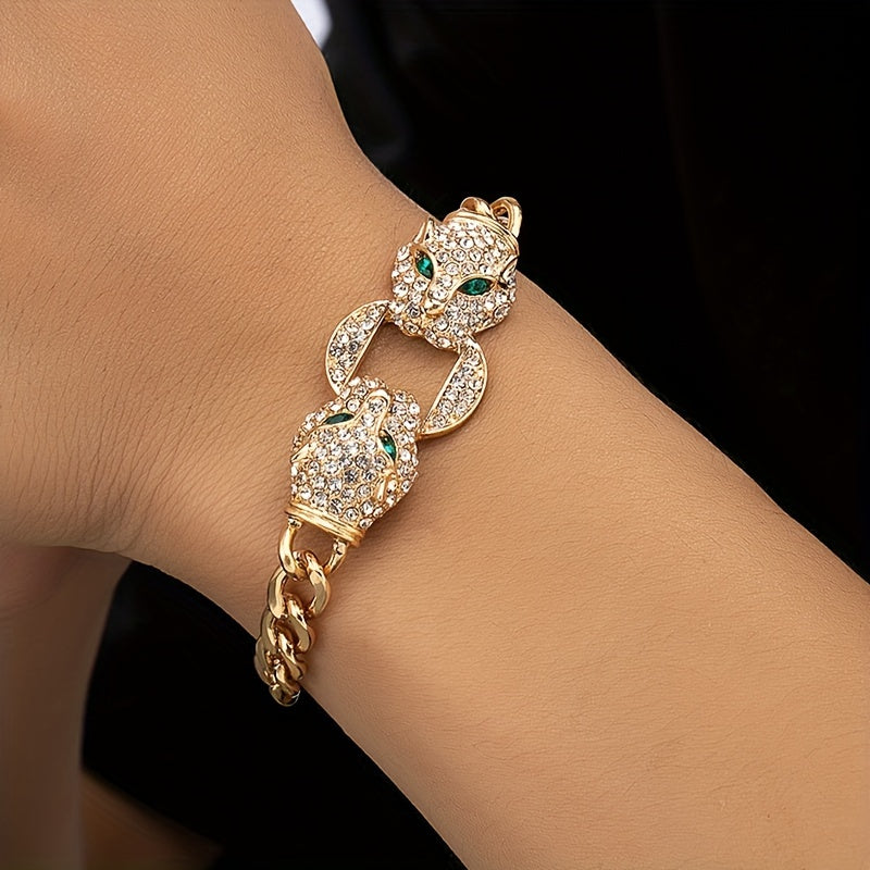 Double Leopard Head Cuban Chain Bracelet Hip Hop Style Zinc Alloy Hand Chain Animal Theme Party Favors