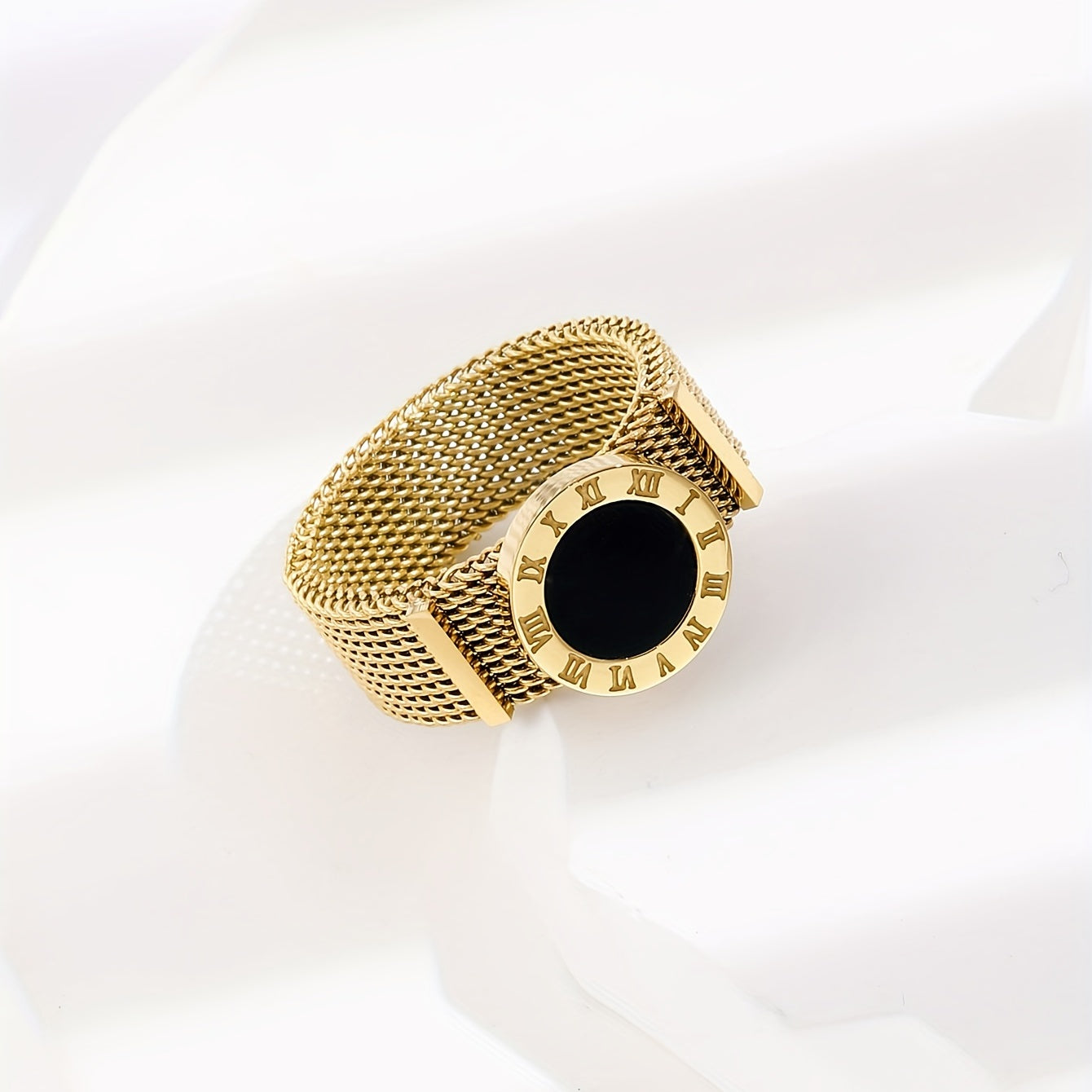 Plated Roman Numerals Black Shell Strap Ring For Women Girls Daily Wear