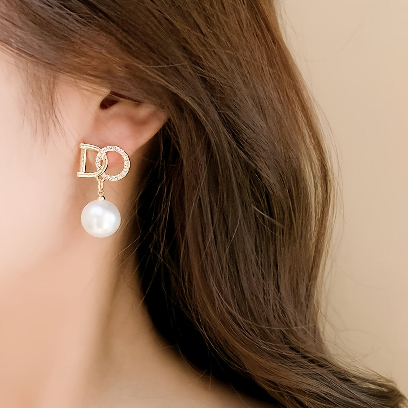 Imitation Pearl Pendant Letter Stud Earrings Rhinestone Inlaid Alloy Hypoallergenic Ear
