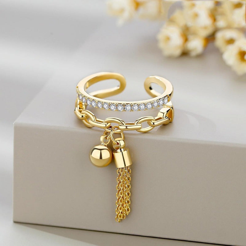 Bohemian Tassel Geometric Open Ring, Vintage Style Adjustable Finger Jewelry, Chinese-Inspired Sash Ball Dangle Ring For Women