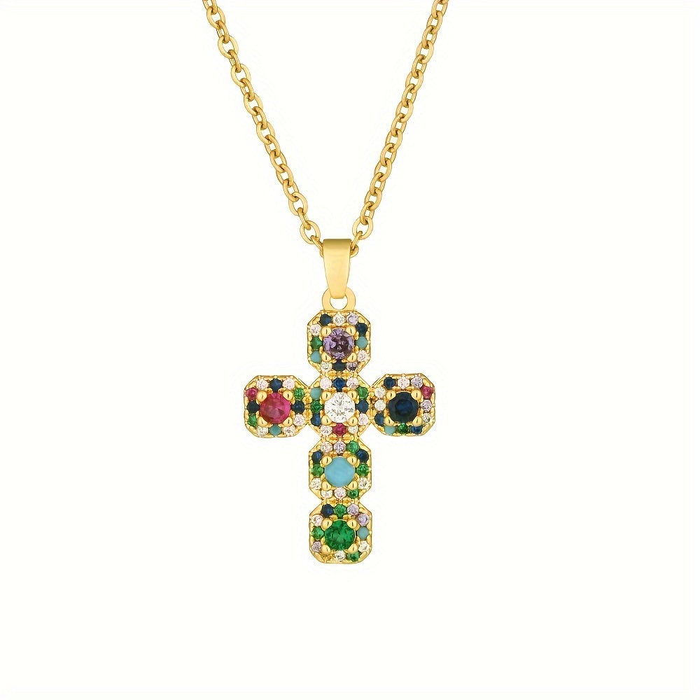 1pc Exquisite White/Colorful Cubic Zirconia Decor Cross Pendant Necklace