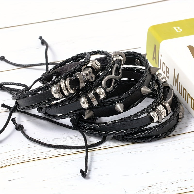 5pcs/set Men's Punk Style Alloy Figure Eight Skull Pu Leather Bracelet, Hip Hop Woven Set Bracelet