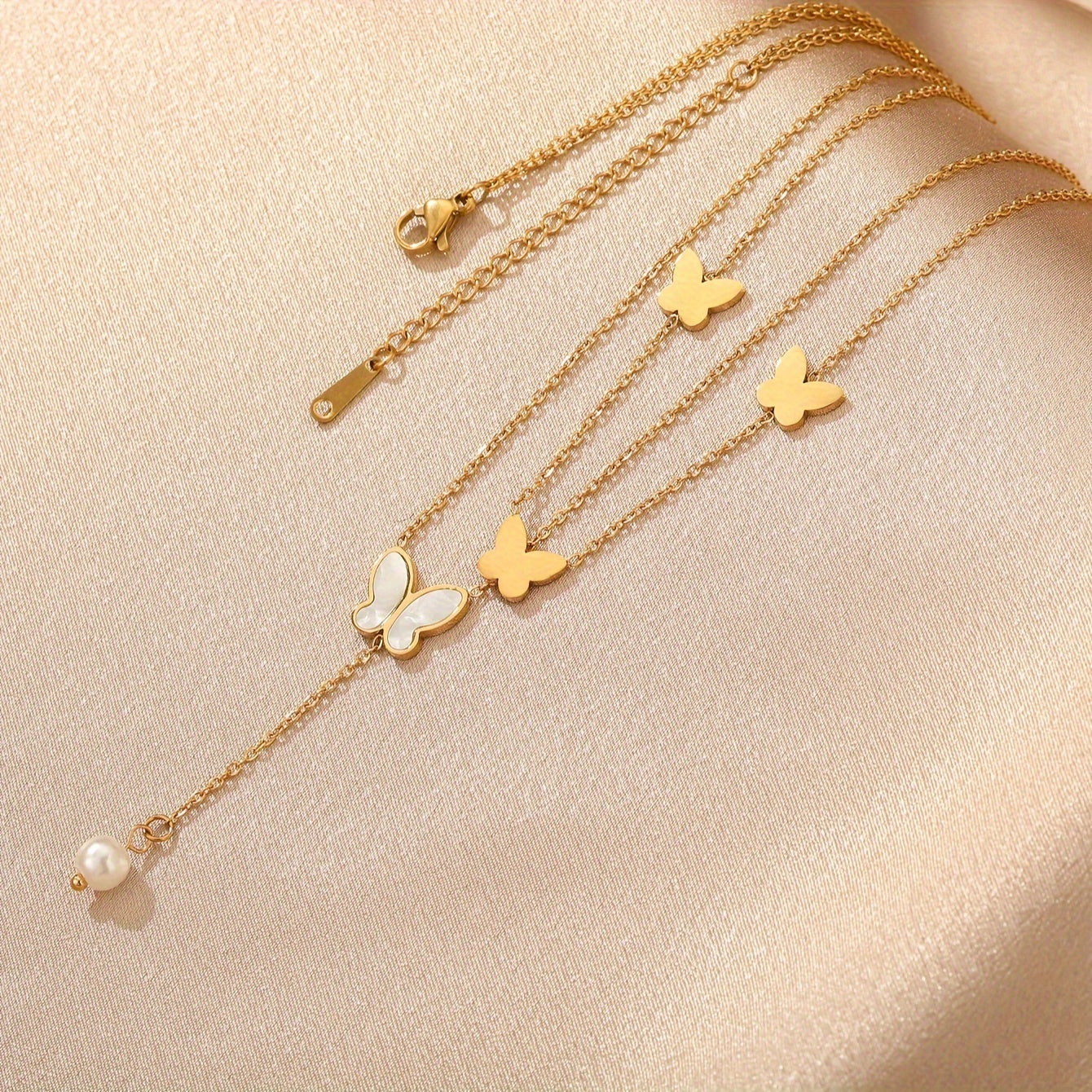 1pc Trendy Stainless Steel Double-layered Butterfly Pendant Necklace