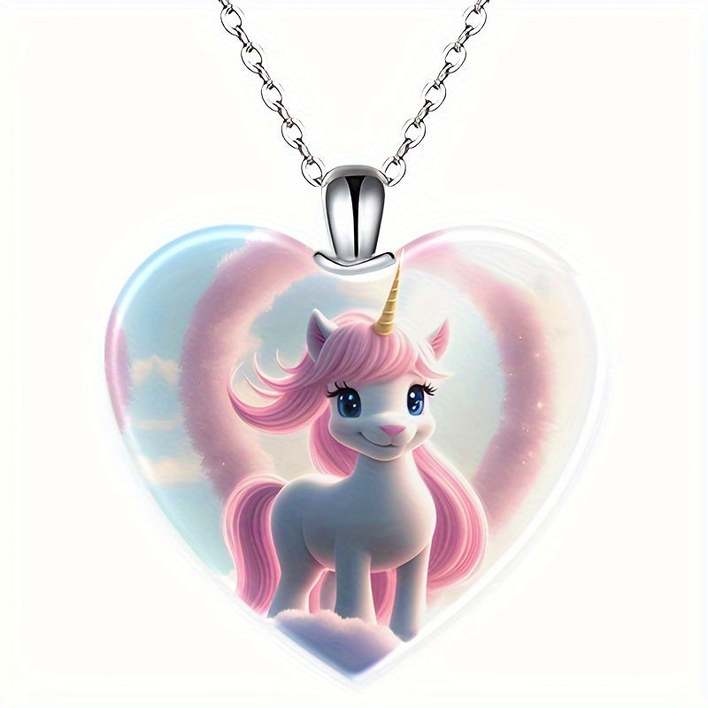Exquisite Unicorn Heart-Shaped Crystal Pendant Necklace
