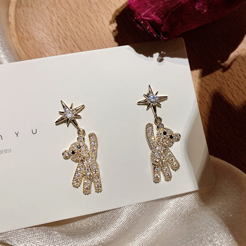 Cubic Zirconia Decor Cute Little Bear & Eight-pointed Star Pattern Stud Earrings