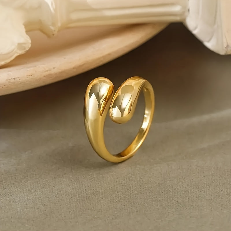 Elegant Golden-Tone Titanium Steel Open Ring - Chic Water Drop Design