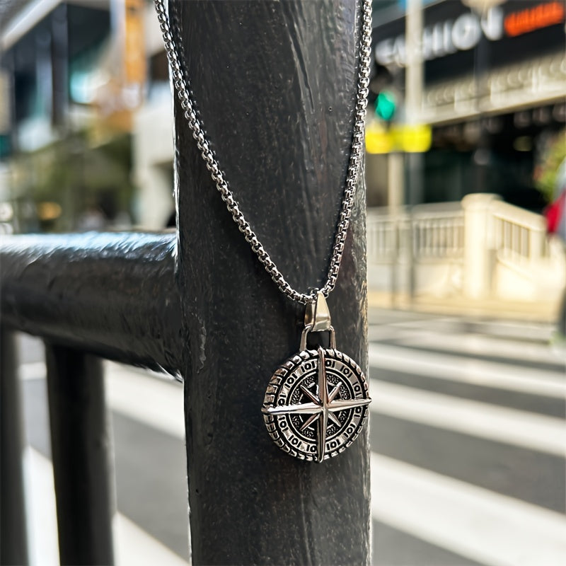 Trendy Retro Compass Necklace Embossed Octagonal