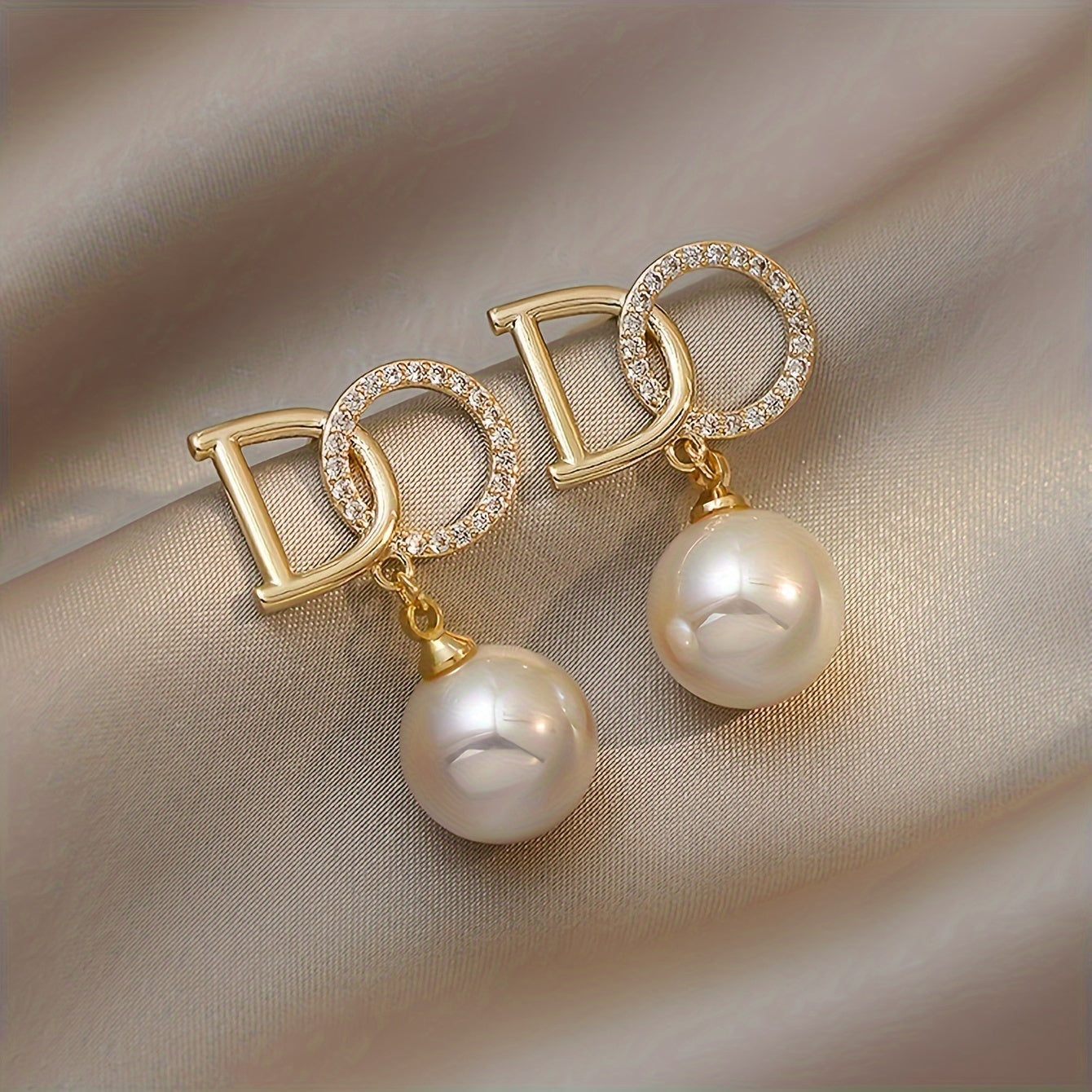 Imitation Pearl Pendant Letter Stud Earrings Rhinestone Inlaid Alloy Hypoallergenic Ear