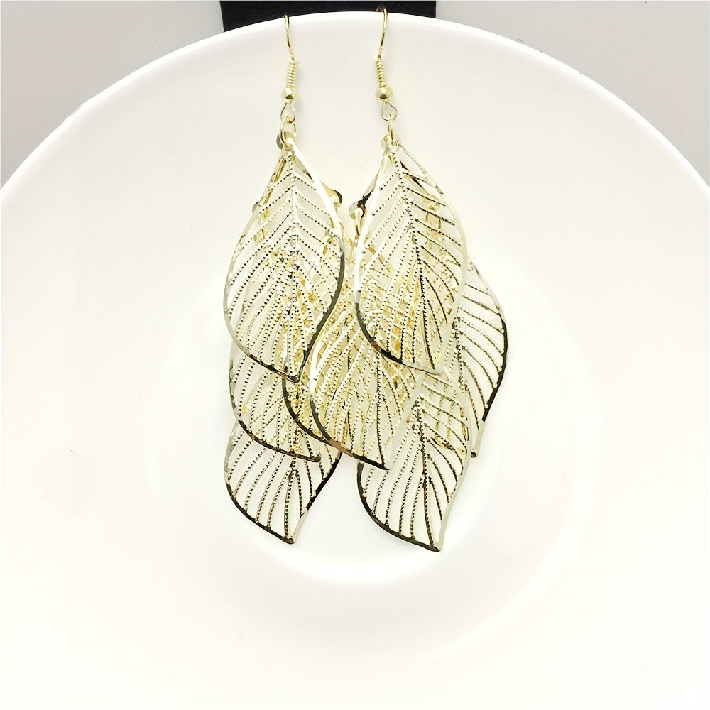 Multi-layer Hollow Leaf Pendant Golden Dangle Earrings Retro Boho Style Alloy Silver Plated Jewelry