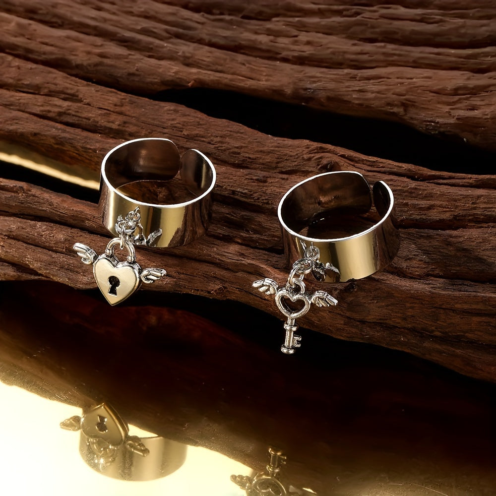 2pcs Fashion Wide Ring With Cute Key/ Lock Pendant Adjustable Cuff Ring