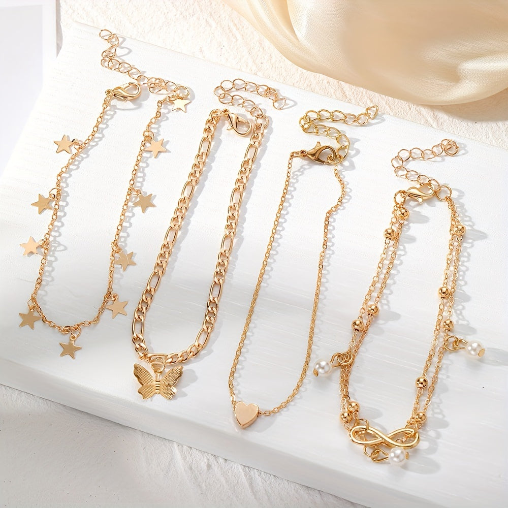 4pcs Stackable Thin Chain Anklet Set With Butterfly Infinity Symbol Shape Beads Stackable Ankle Bracelet Set