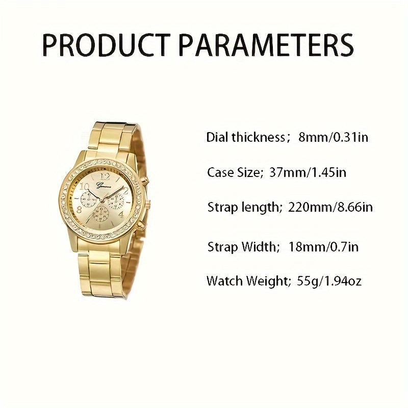 Ladies' Fashion Quartz Watch Golden Steel Strap Water Drill Simulated Wristwatch