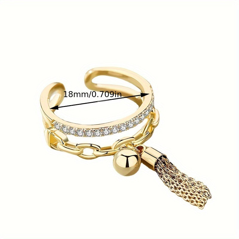 Bohemian Tassel Geometric Open Ring, Vintage Style Adjustable Finger Jewelry, Chinese-Inspired Sash Ball Dangle Ring For Women
