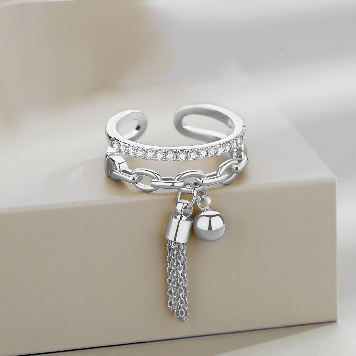 Bohemian Tassel Geometric Open Ring, Vintage Style Adjustable Finger Jewelry, Chinese-Inspired Sash Ball Dangle Ring For Women