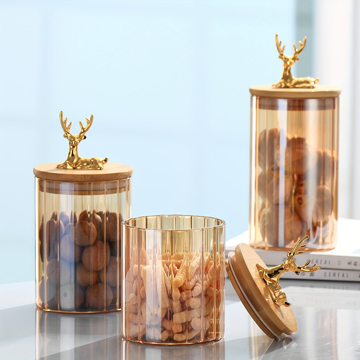 1pc Food Jars & Canisters, Deer Head Vertical Stripe Transparent Glass