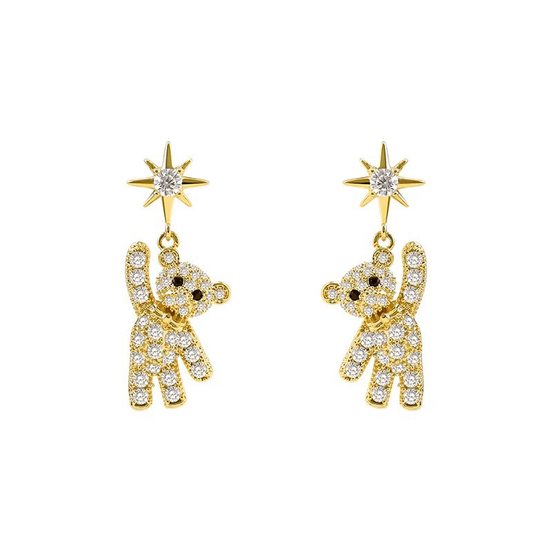 Cubic Zirconia Decor Cute Little Bear & Eight-pointed Star Pattern Stud Earrings
