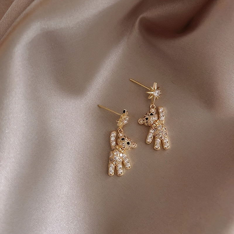 Cubic Zirconia Decor Cute Little Bear & Eight-pointed Star Pattern Stud Earrings