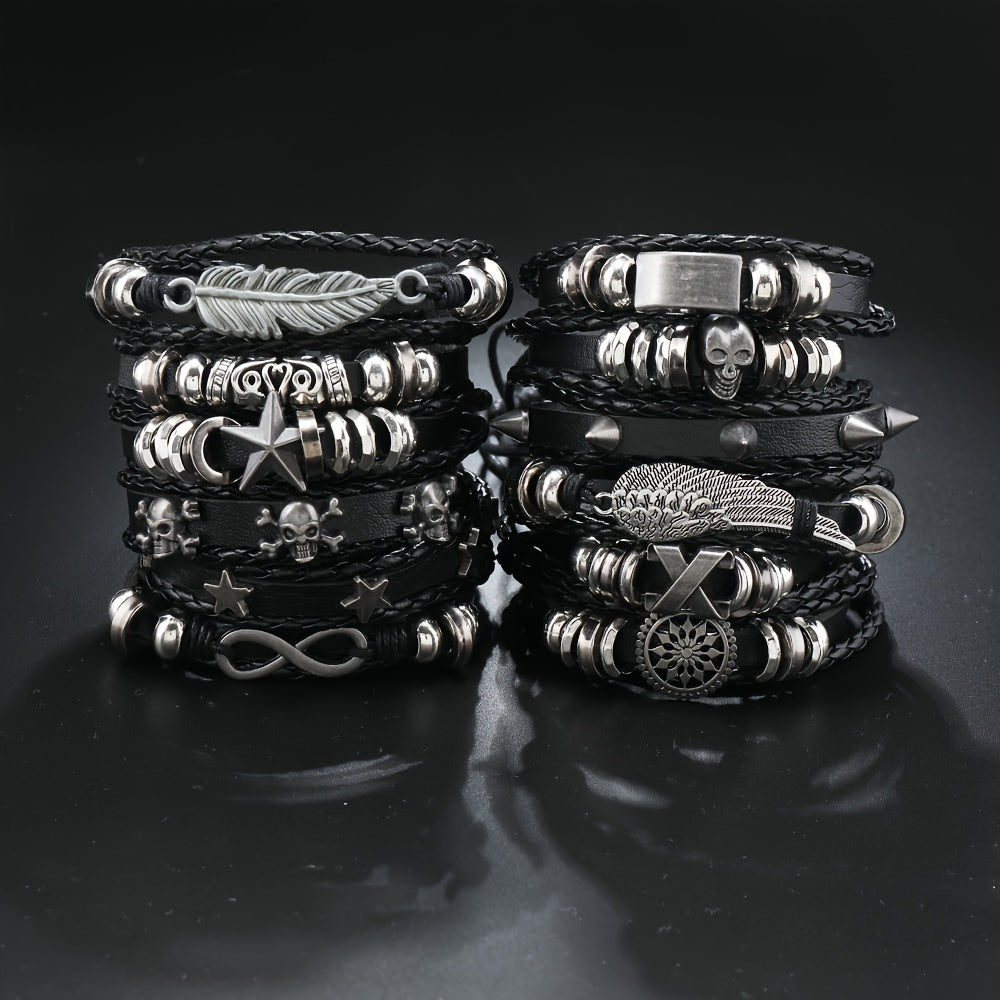 12pcs/set Punk Multi-layer Woven Bracelet, Black Alloy Pu Men's Leather Jewelry