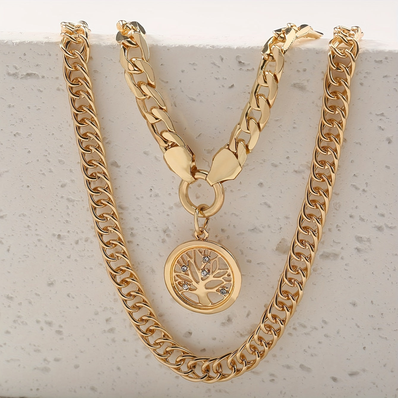 2pcs/set Layered Necklace, Classic Retro Life Tree Pattern Round Pendant Necklace, Chunky Cuban Link Chain Necklace Trendy Vacation Neck Jewelry