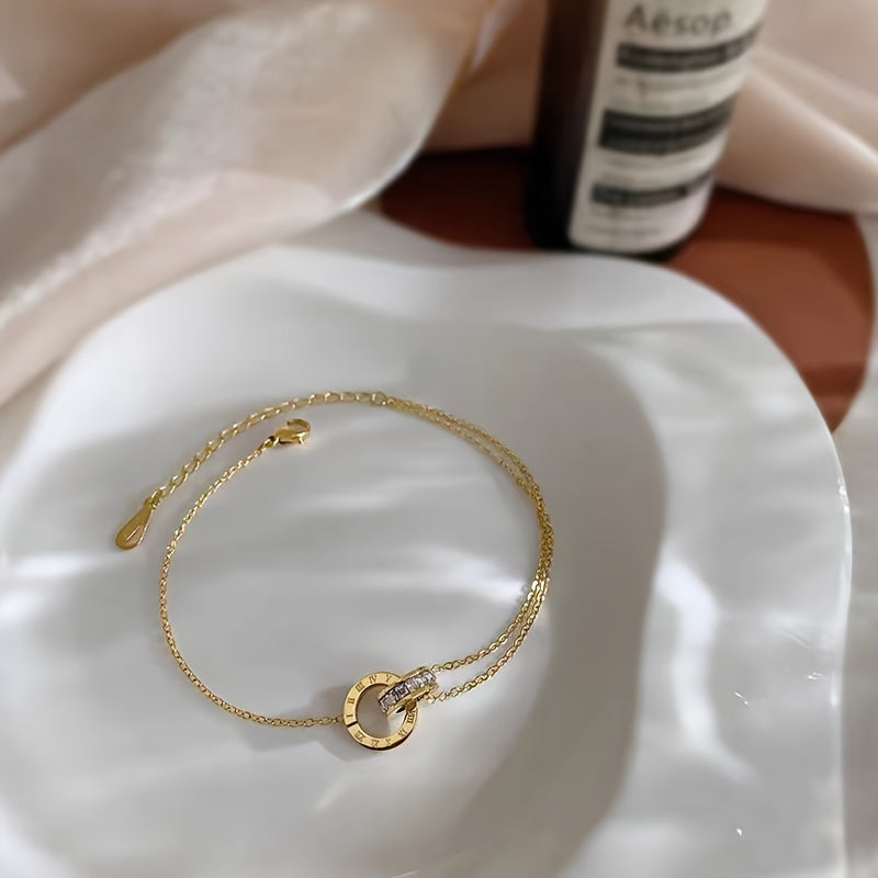 4pcs/set Stainless Steel Golden Faux Diamond Roman Numerals, Fashion Trendy Bracelet Necklace Earrings Jewelry Set