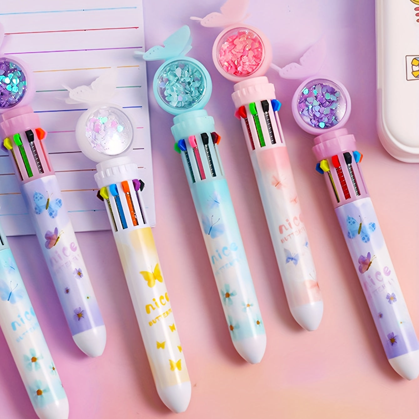 1pc 10-color Butterfly Ballpoint Pen, Sequin Ten-color One-in-one Press Pen