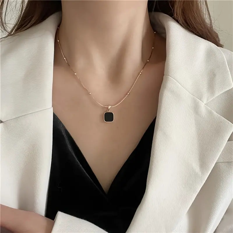 Black Square Pendant Necklace Golden Neck Chain Jewelry