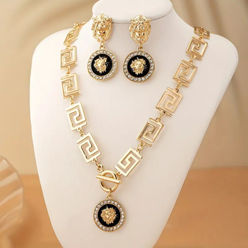 Three-Piece Set of Retro Exaggerated Geometric Enamel Lion Head Pendant