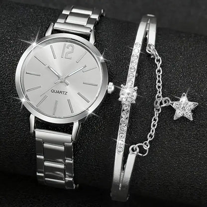 A Set Of 2 Fashionable Ladies' Watches And Sparkling Star Bracelets (Silver)