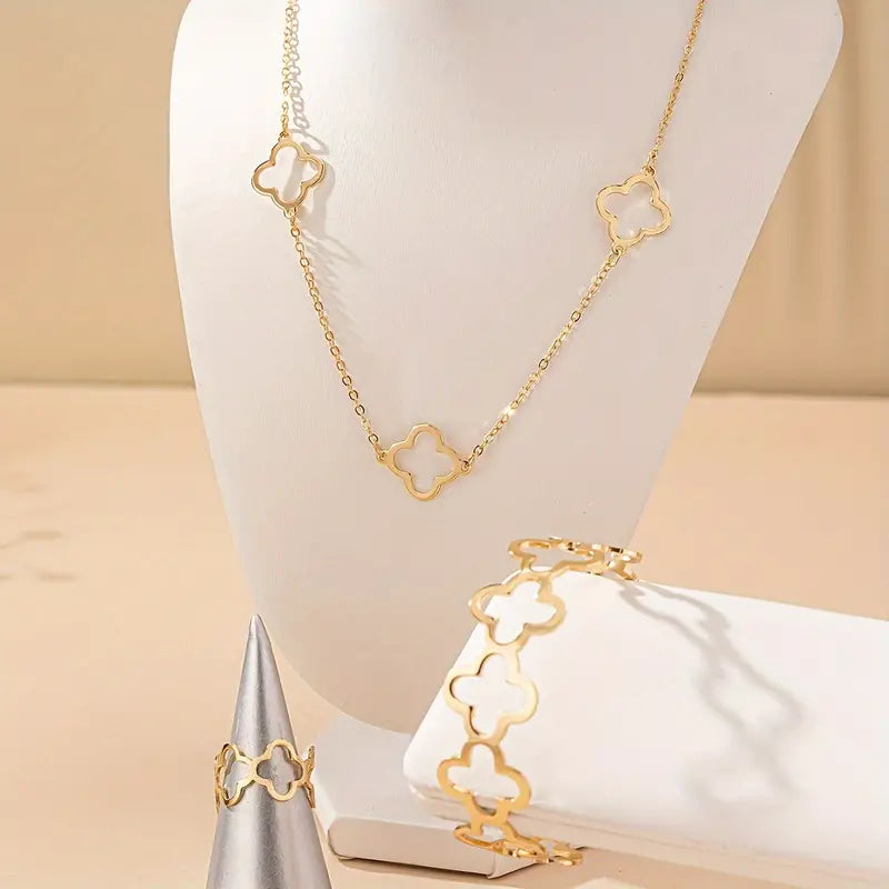 Elegant Four-Leaf Clover Jewelry Set - Simple Style Alloy Necklace, Bracelet, and Ring