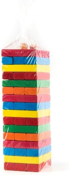 VIO 54 Pieces Wooden Colorful Tumbling Tower Blocks with Dice Stacking Game Building