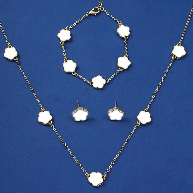 4pcs Ear Studs + Necklace + Bracelet Chic Jewelry Set Trendy Lucky Flower Design