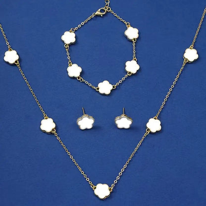 4pcs Ear Studs + Necklace + Bracelet Chic Jewelry Set Trendy Lucky Flower Design
