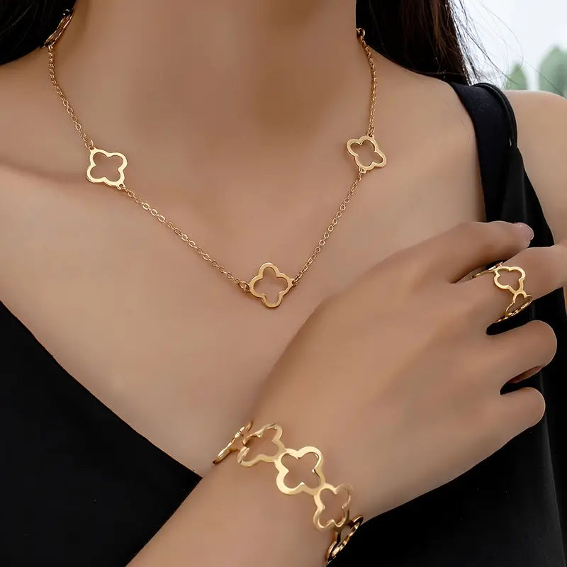 Elegant Four-Leaf Clover Jewelry Set - Simple Style Alloy Necklace, Bracelet, and Ring