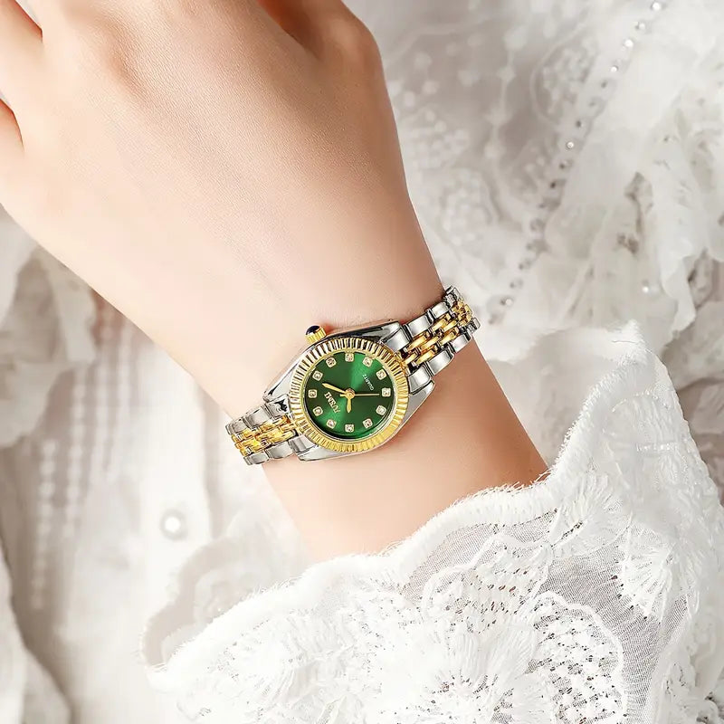 Elegant Ladies' Quartz Wrist Watch with Round Aurora Shell Dial -Green