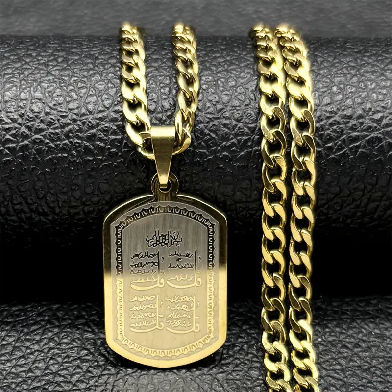 Fashion Stainless Steel Quran Pendant Necklace, Geometric Hip Hop Jewelry with Golden Chain