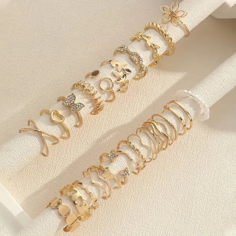 27pcs Y2k Style Stacking Rings Trendy Butterfly/ Heart/ Wave Design Inlaid Rhinestone