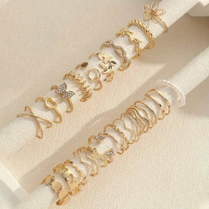 27pcs Y2k Style Stacking Rings Trendy Butterfly/ Heart/ Wave Design Inlaid Rhinestone