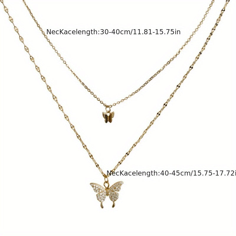 Double Layer Alloy Necklace With -encrusted Butterfly Pendant